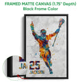 Black framed matte canvas lacrosse wall art with a vibrant action player and detail inset
