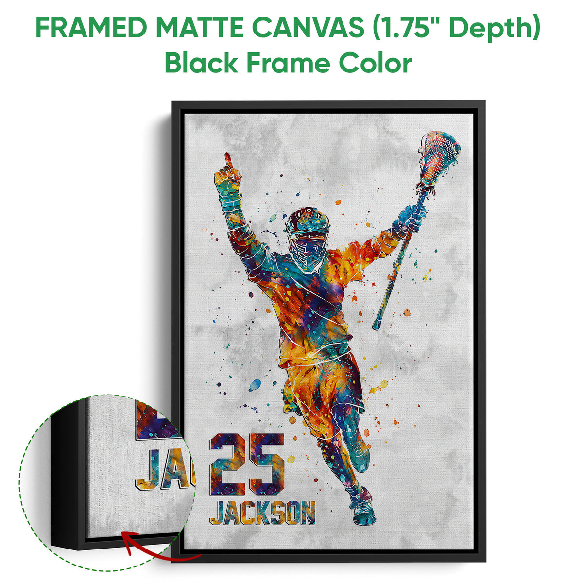 Black framed matte canvas lacrosse wall art with a vibrant action player and detail inset