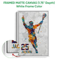 White framed matte canvas lacrosse wall art featuring a colorful player and canvas detail