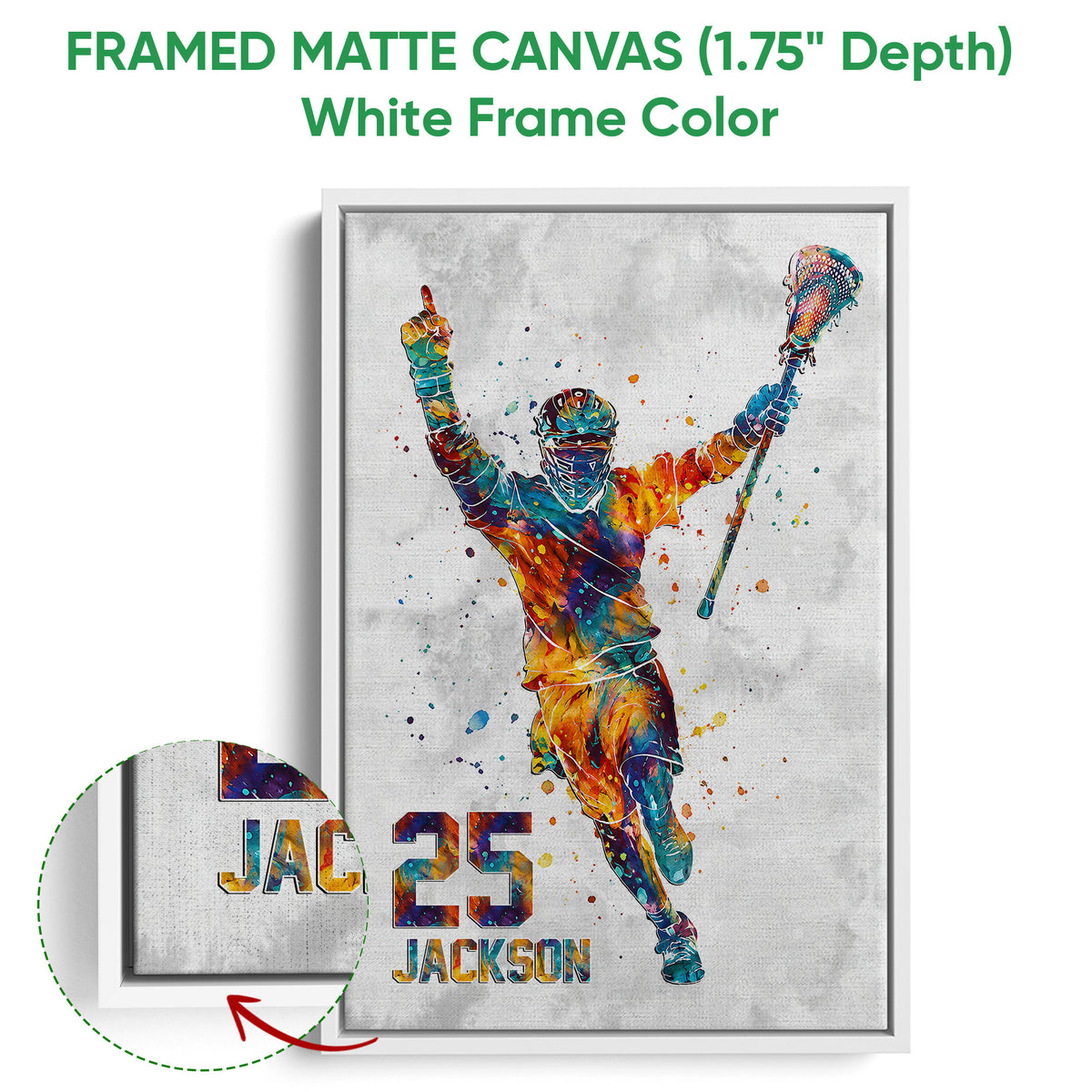 White framed matte canvas lacrosse wall art featuring a colorful player and canvas detail
