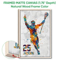 Natural wood framed lacrosse wall art with a colorful action player and canvas edge detail