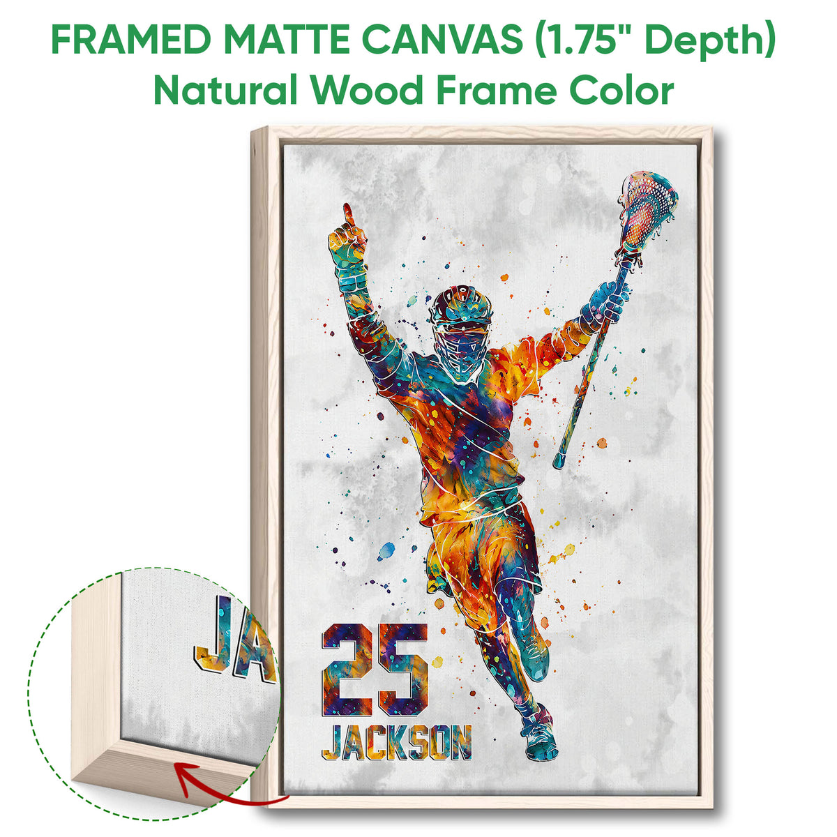 Natural wood framed lacrosse wall art with a colorful action player and canvas edge detail