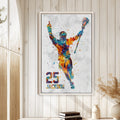 Framed lacrosse wall art displayed on a light wood-paneled wall in a bright home interior