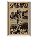 Framed lacrosse wall art with a helmeted player on a field and bold distressed typography