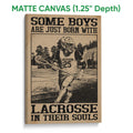Matte canvas lacrosse wall art showing a helmeted player in a sepia-toned field scene