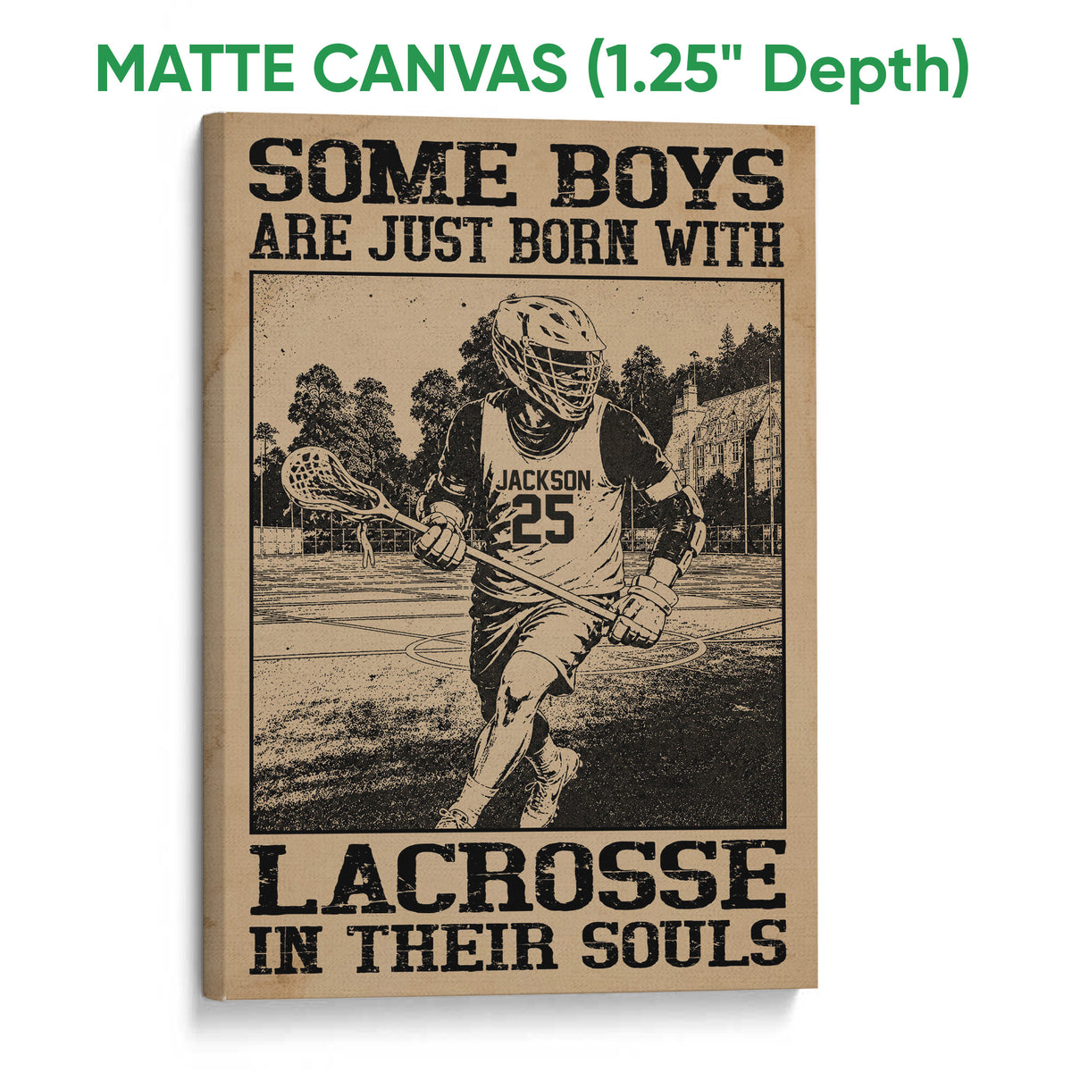 Matte canvas lacrosse wall art showing a helmeted player in a sepia-toned field scene