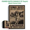 Framed lacrosse canvas wall art shown with a black frame and close-up canvas detail