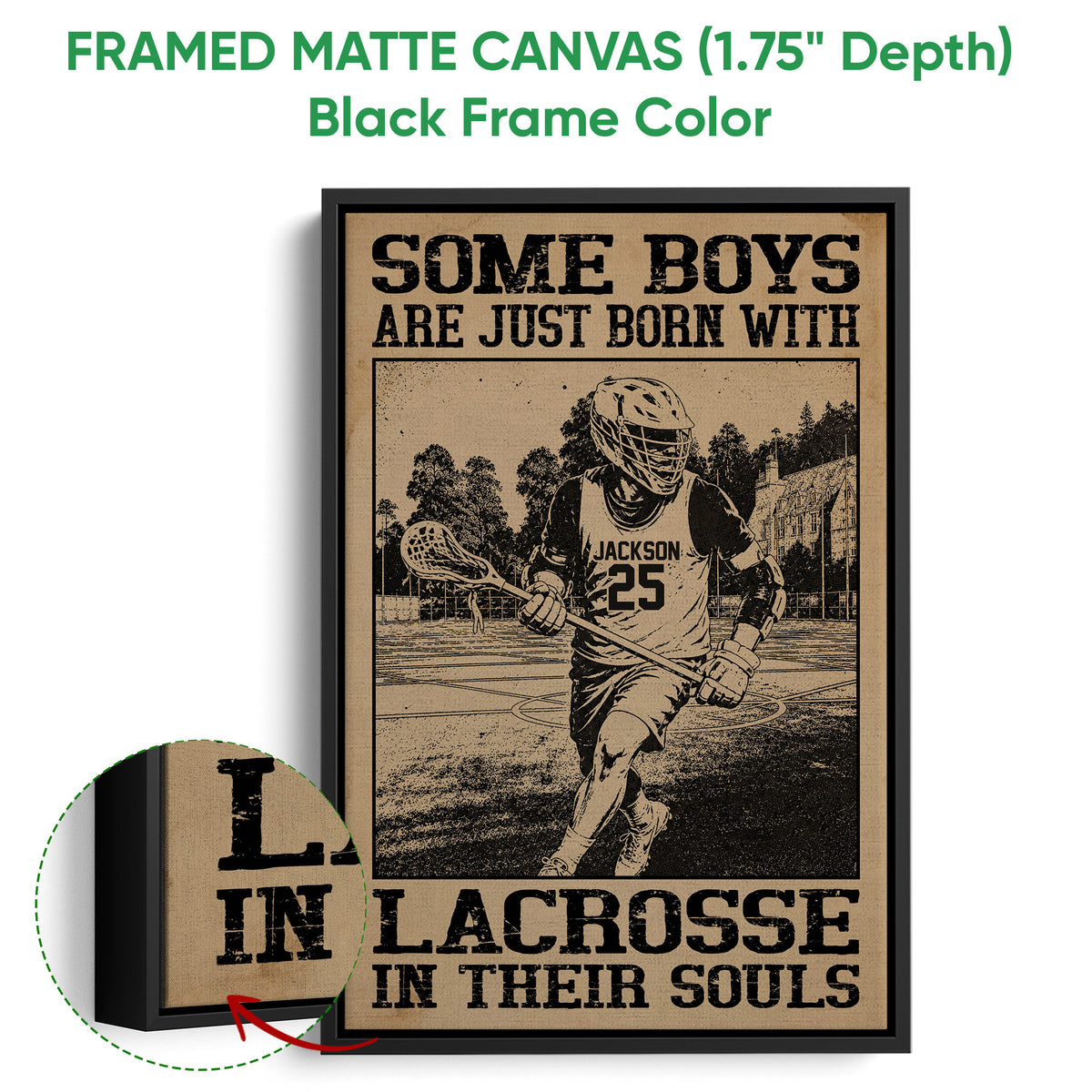 Framed lacrosse canvas wall art shown with a black frame and close-up canvas detail
