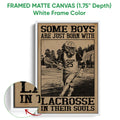 Framed lacrosse canvas wall art shown with a white frame and close-up frame detail