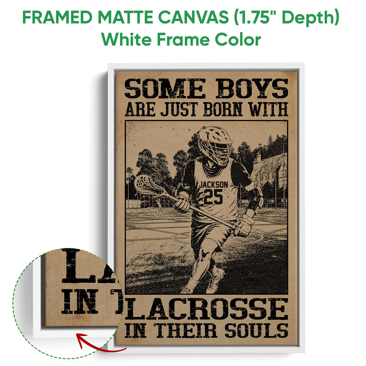 Framed lacrosse canvas wall art shown with a white frame and close-up frame detail