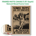 Framed lacrosse canvas wall art shown with a natural wood frame and close-up detail
