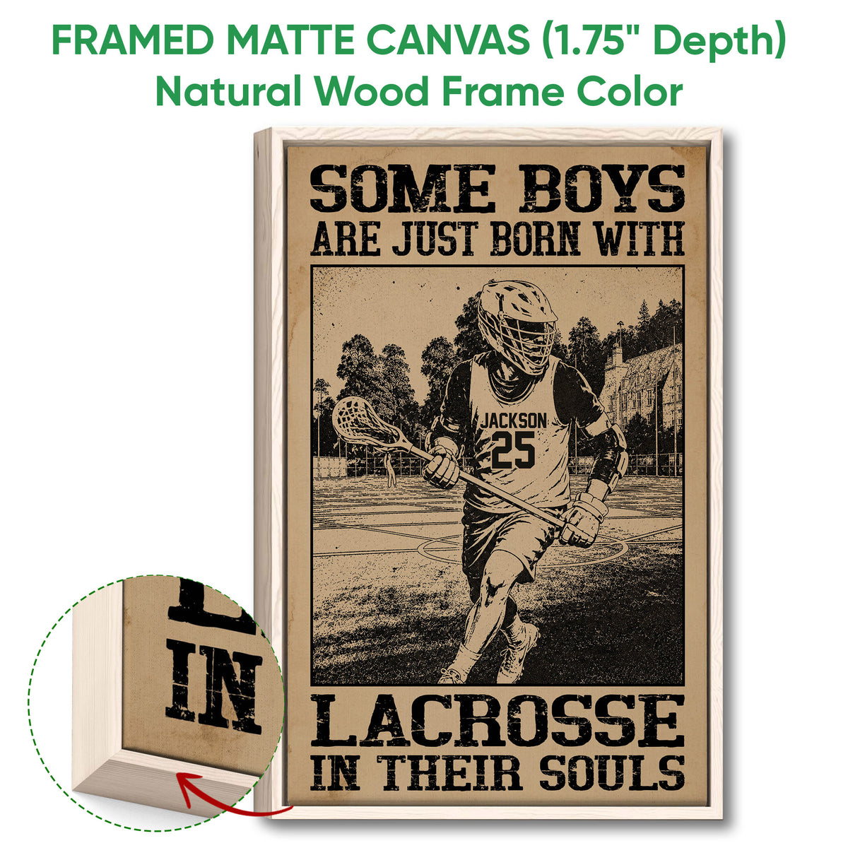 Framed lacrosse canvas wall art shown with a natural wood frame and close-up detail