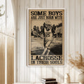 Lacrosse wall art displayed in a bright home interior with white wood paneling