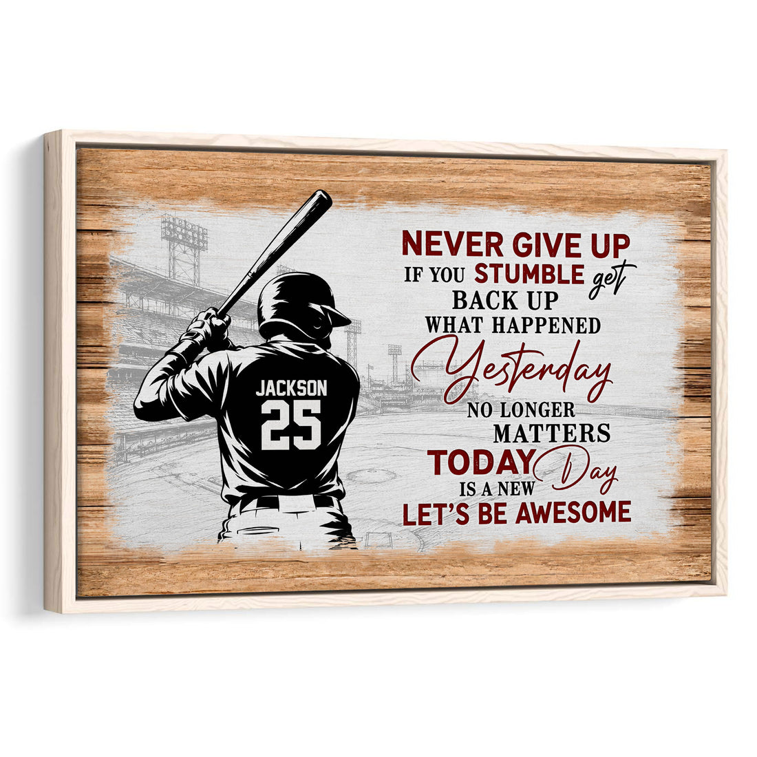 Framed baseball wall art showing a batter, stadium sketch, wood texture, and motivational typography