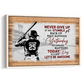 Framed baseball wall art showing a batter, stadium sketch, wood texture, and motivational typography