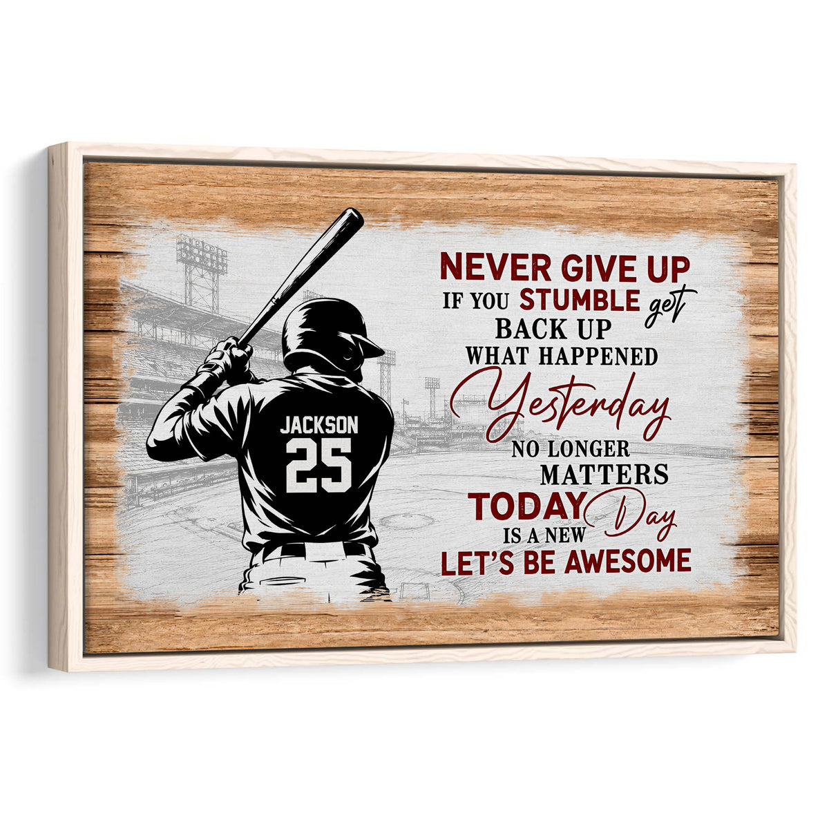 Framed baseball wall art showing a batter, stadium sketch, wood texture, and motivational typography