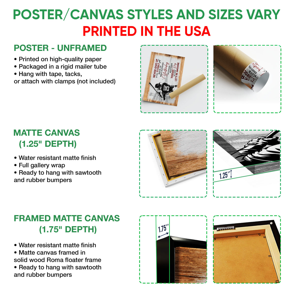 Baseball wall art format guide showing unframed poster, matte canvas, and framed canvas options