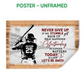 Unframed baseball poster featuring a batter, stadium background, wood texture, and motivational design