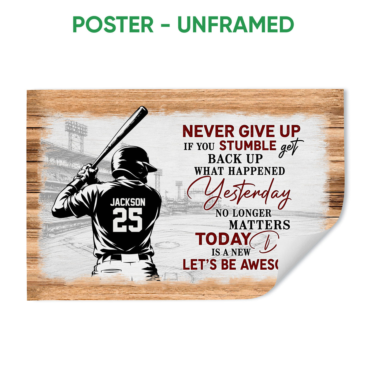 Unframed baseball poster featuring a batter, stadium background, wood texture, and motivational design