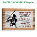 Matte canvas baseball wall art featuring a batter, stadium illustration, and black and red typography