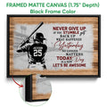 Black framed baseball canvas with a batter, stadium background, wood texture, and motivational artwork