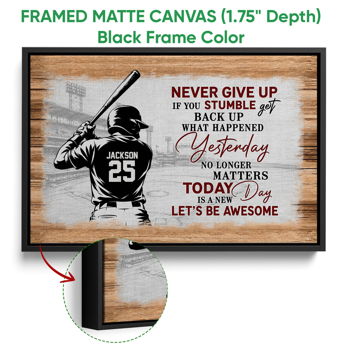 Black framed baseball canvas with a batter, stadium background, wood texture, and motivational artwork