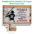 White framed baseball canvas displaying a batter, stadium sketch, wood texture, and motivational message