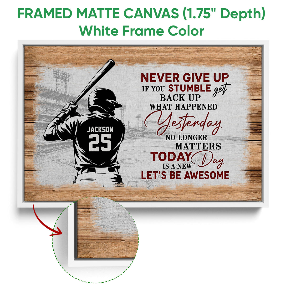 White framed baseball canvas displaying a batter, stadium sketch, wood texture, and motivational message