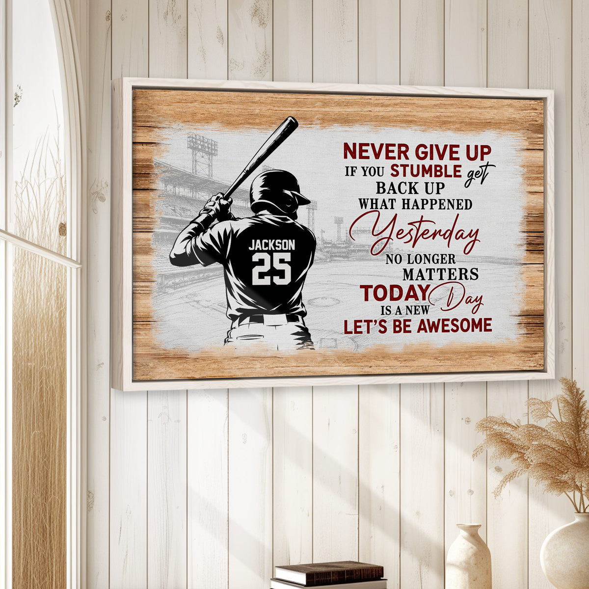 Framed baseball wall art displayed in a bright room with white wood paneling and neutral decor