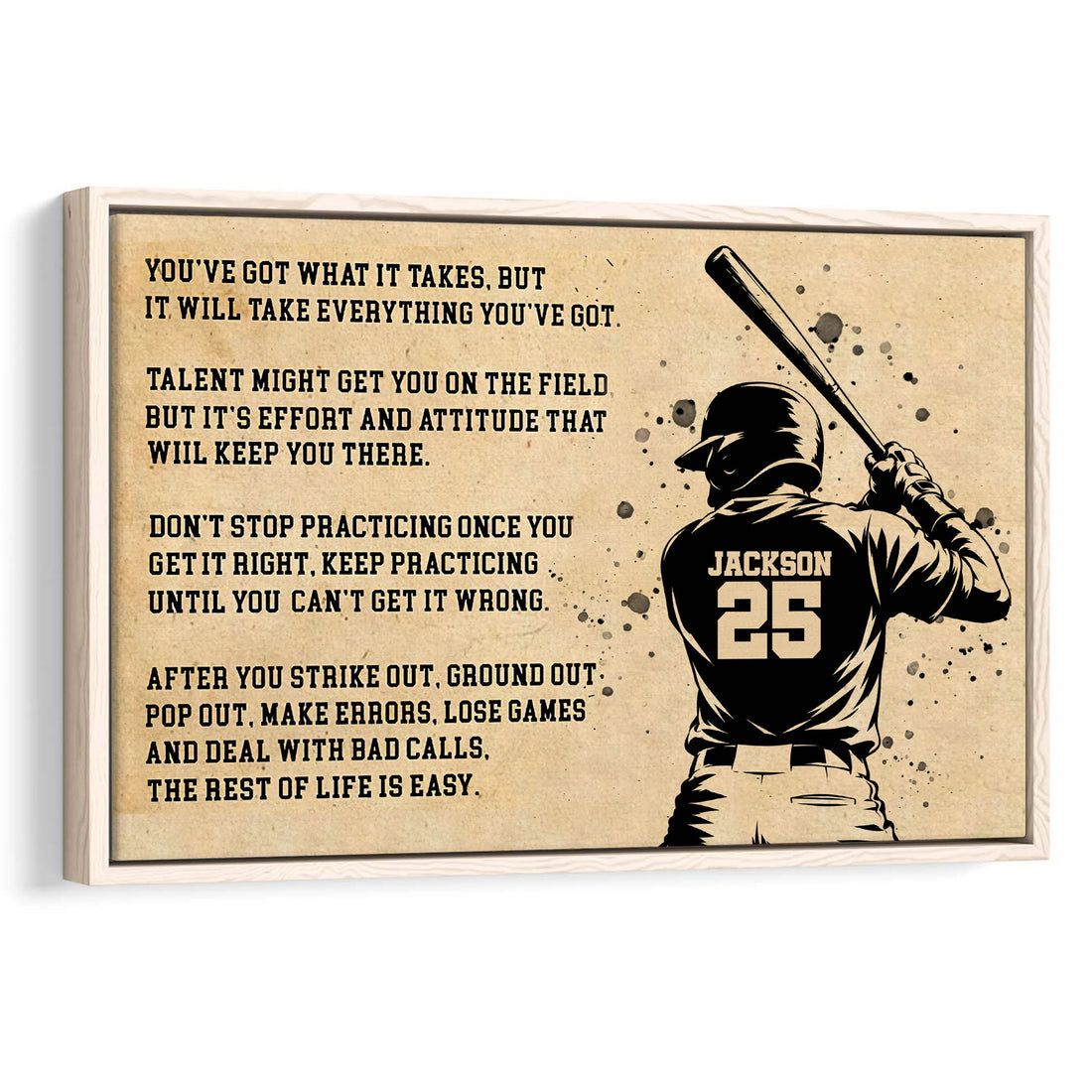Framed baseball wall art featuring a batter, bat, motivational message, and vintage tan design