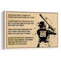 Framed baseball wall art featuring a batter, bat, motivational message, and vintage tan design