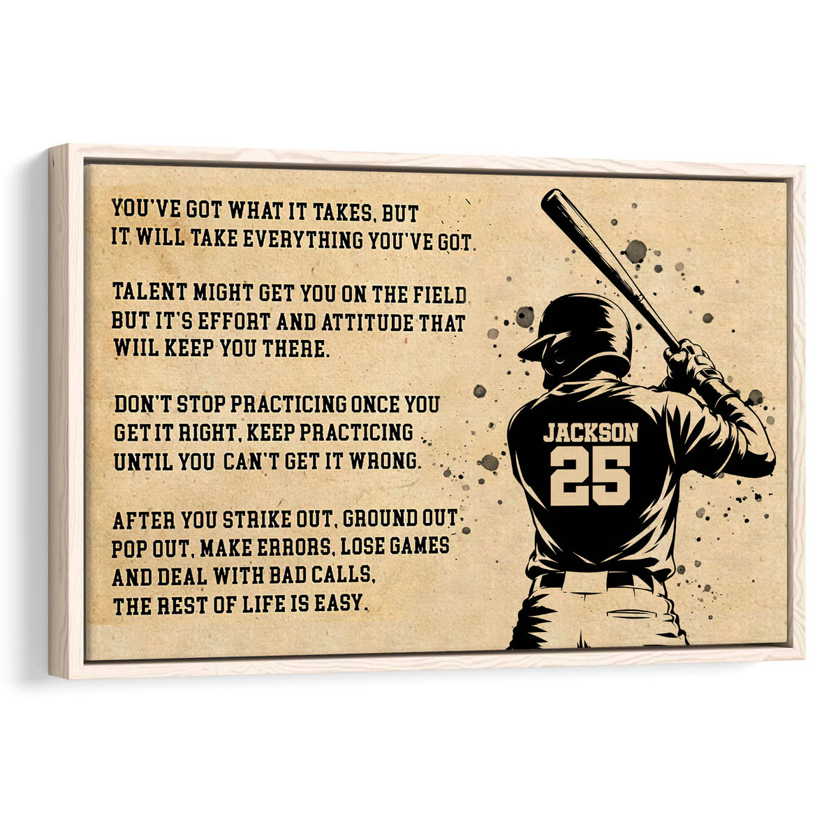 Framed baseball wall art featuring a batter, bat, motivational message, and vintage tan design