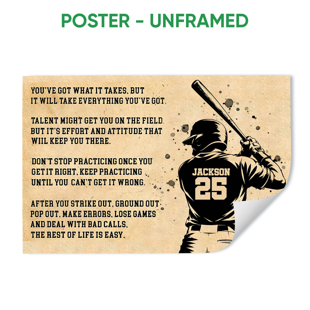 Unframed baseball poster featuring a batter with a bat and vintage motivational artwork