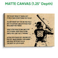 Matte canvas baseball wall art featuring a batter, bat, and tan motivational design