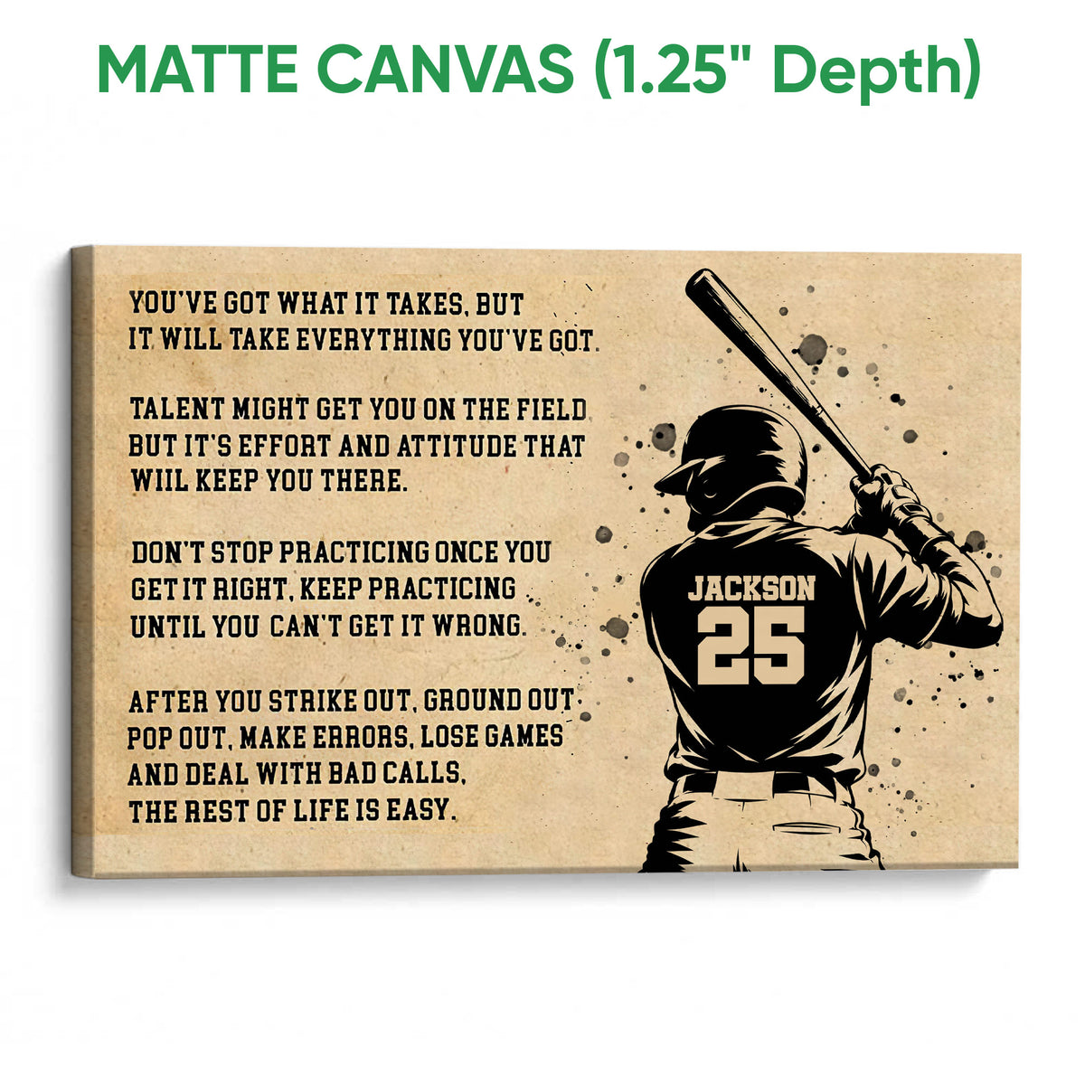Matte canvas baseball wall art featuring a batter, bat, and tan motivational design