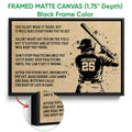 Black framed canvas baseball wall art with a batter illustration and vintage tan background