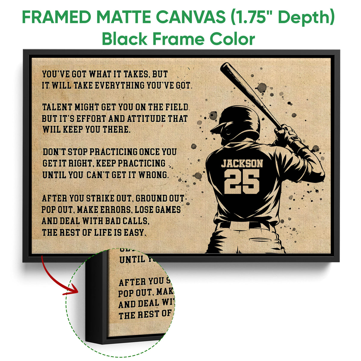 Black framed canvas baseball wall art with a batter illustration and vintage tan background