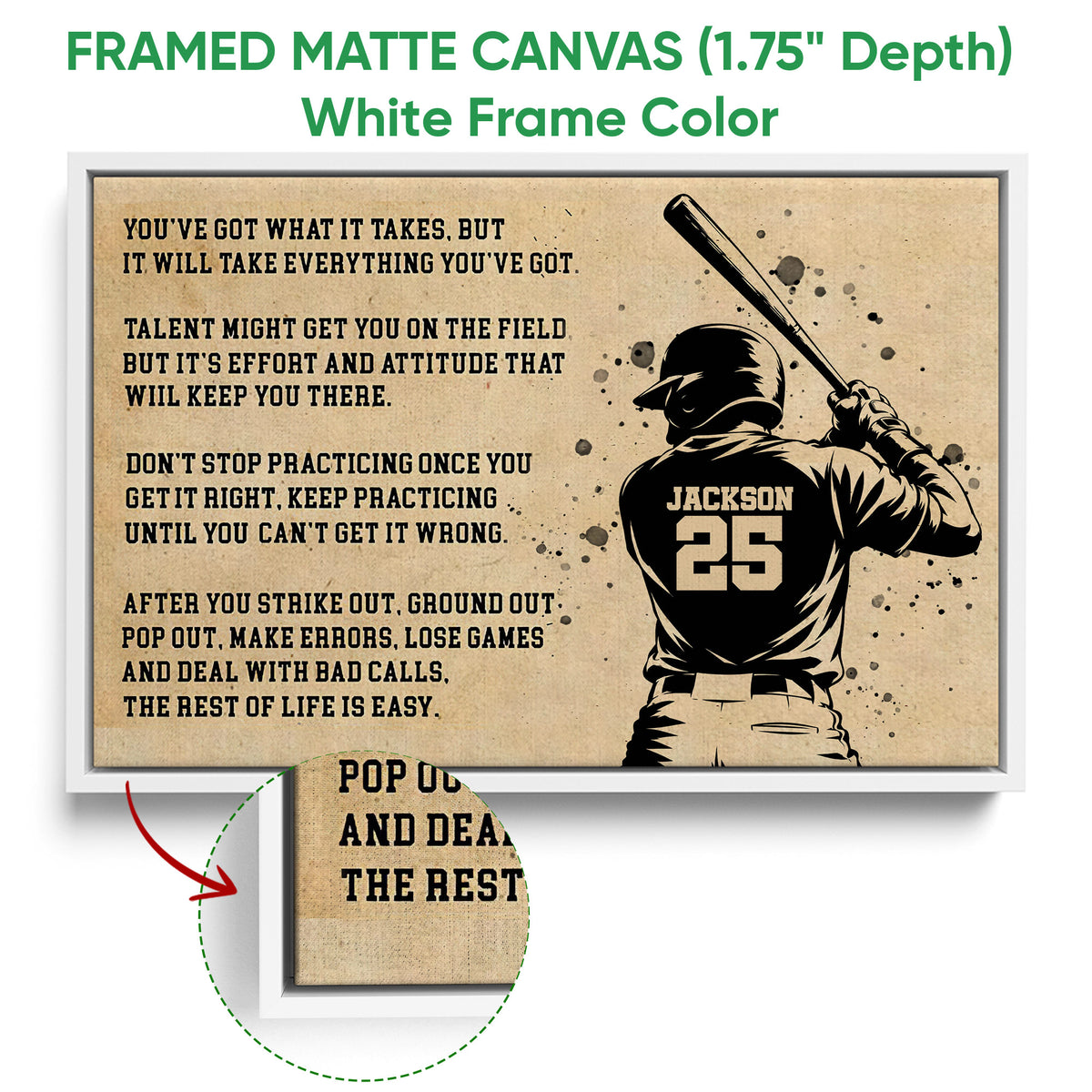 White framed canvas baseball wall art featuring a batter and motivational sports design