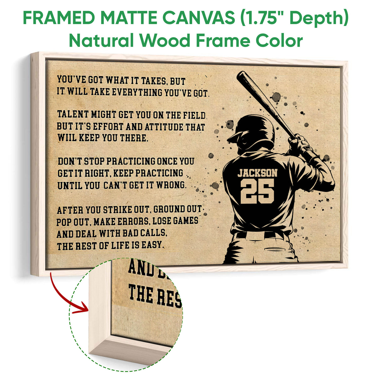 Natural wood framed baseball canvas wall art with batter illustration and vintage styling