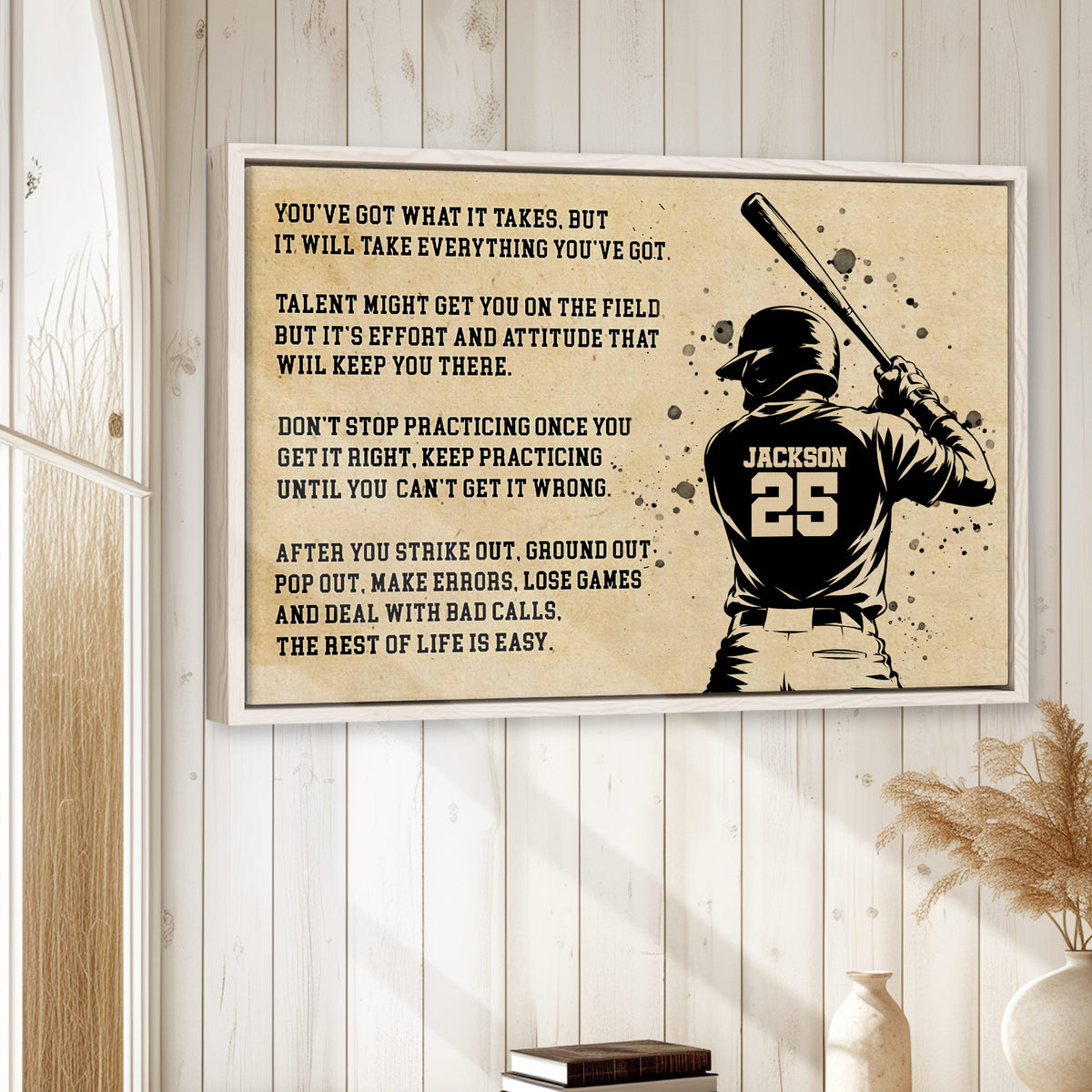 Baseball wall art displayed in a bright room with white wood walls and natural wood frame