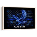 Police thin blue line wall art with soaring bald eagle, distressed American flag, blue stripe and dark patriotic background