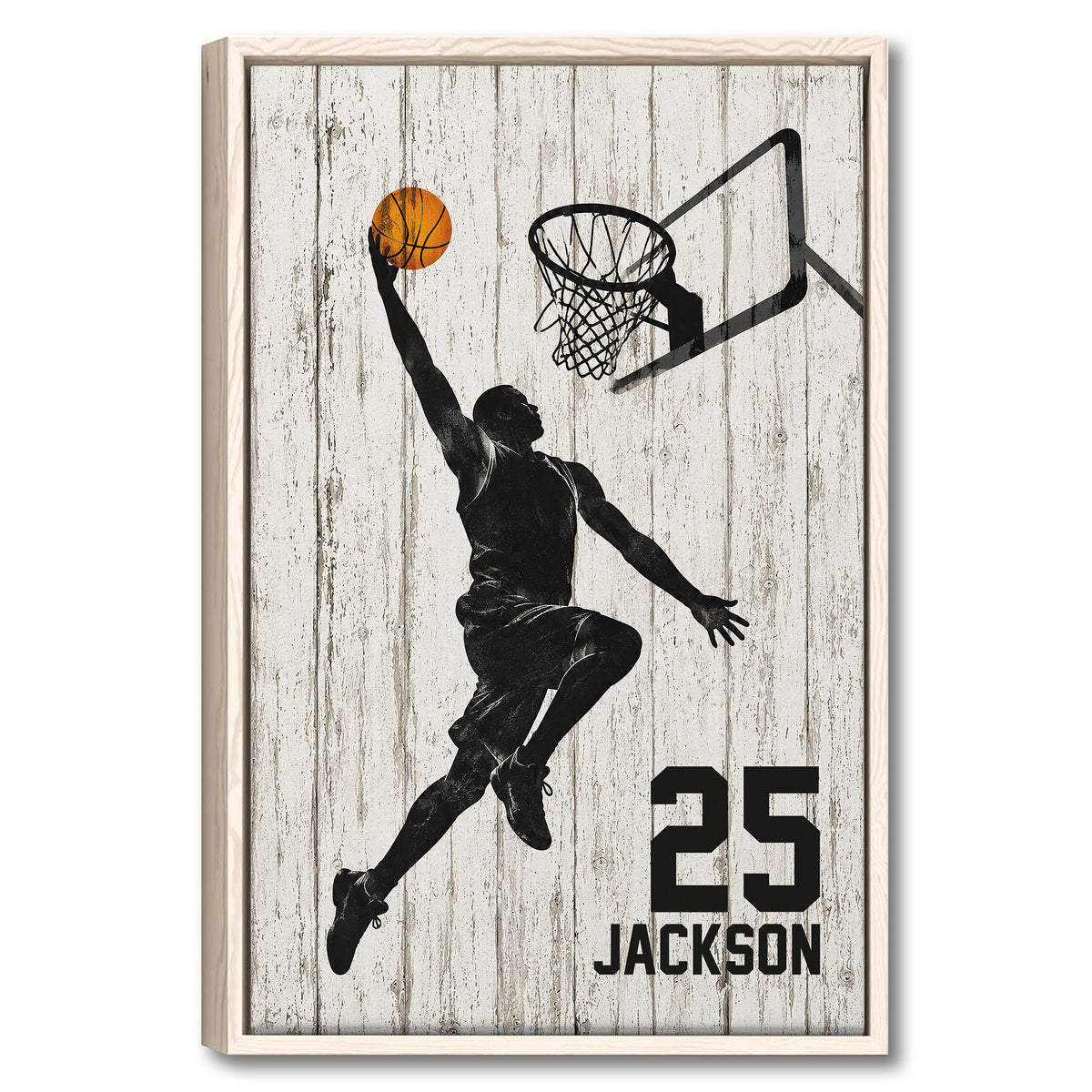 Framed basketball wall art showing a player reaching toward the hoop against a distressed white wood background