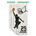 Unframed basketball poster featuring a dynamic player reaching toward the hoop on a rustic wood background