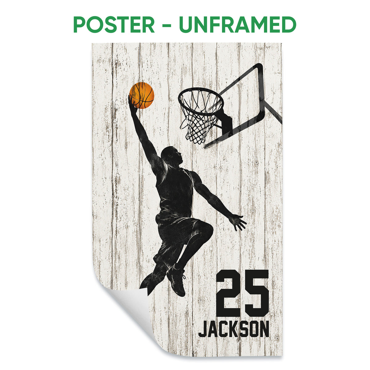 Unframed basketball poster featuring a dynamic player reaching toward the hoop on a rustic wood background