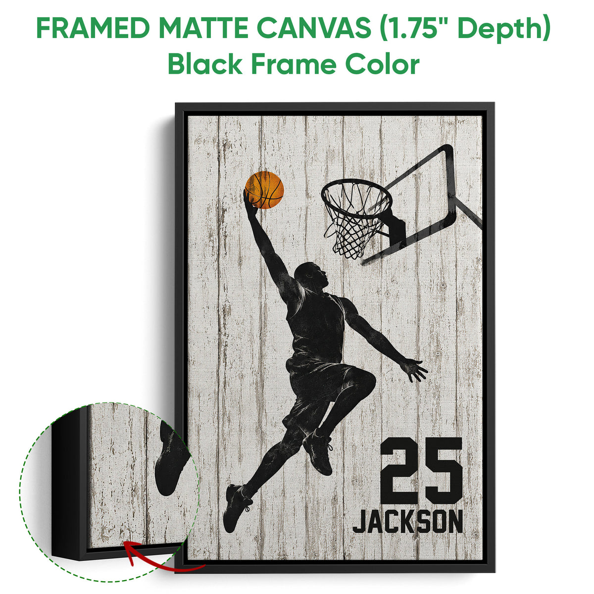 Black framed basketball canvas wall art with a player reaching for the ball and a close-up of the frame edge