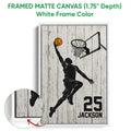 White framed basketball canvas wall art with a player reaching toward the hoop and a close-up of the frame