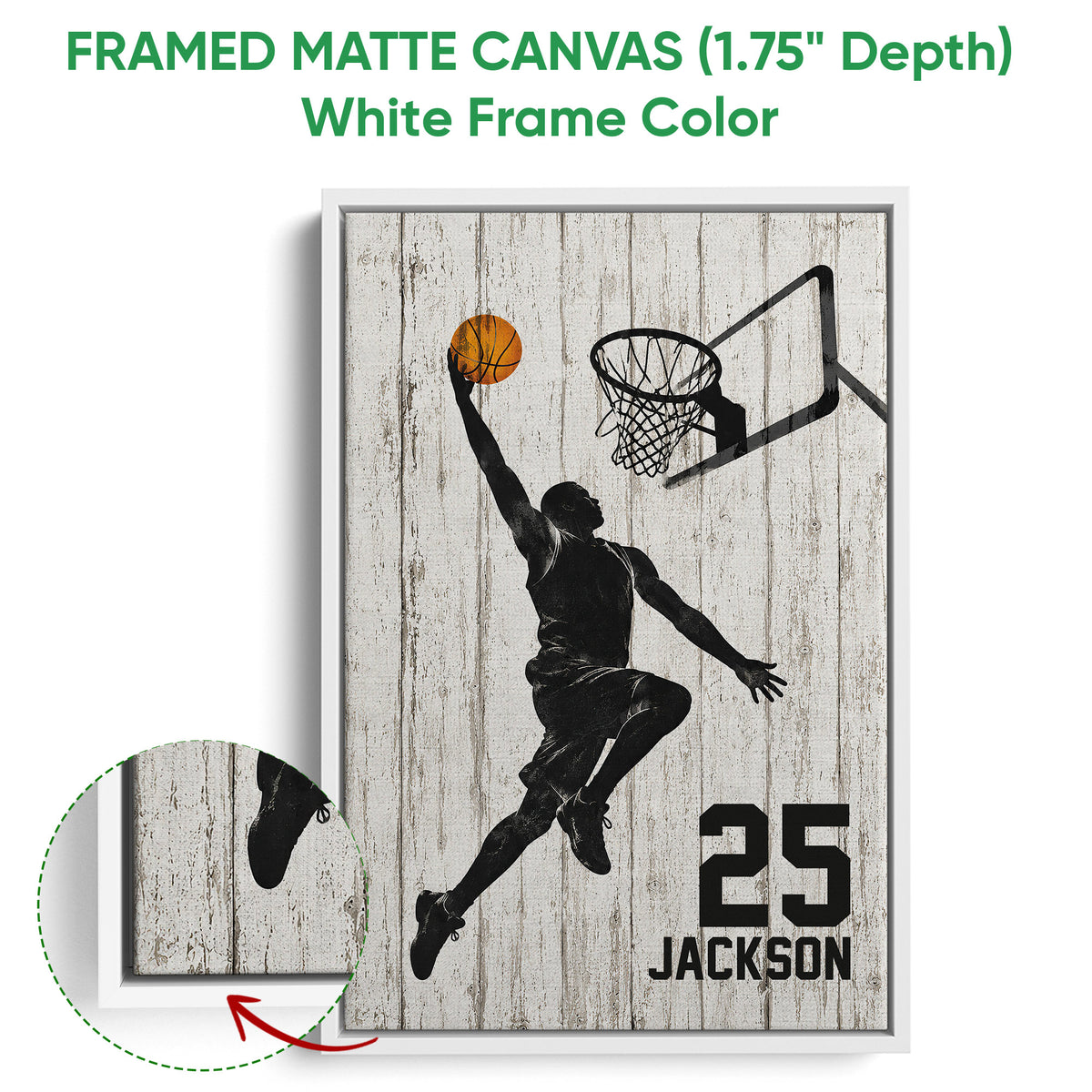 White framed basketball canvas wall art with a player reaching toward the hoop and a close-up of the frame