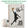 Natural wood framed basketball canvas wall art with a jumping player and detailed wood frame close-up
