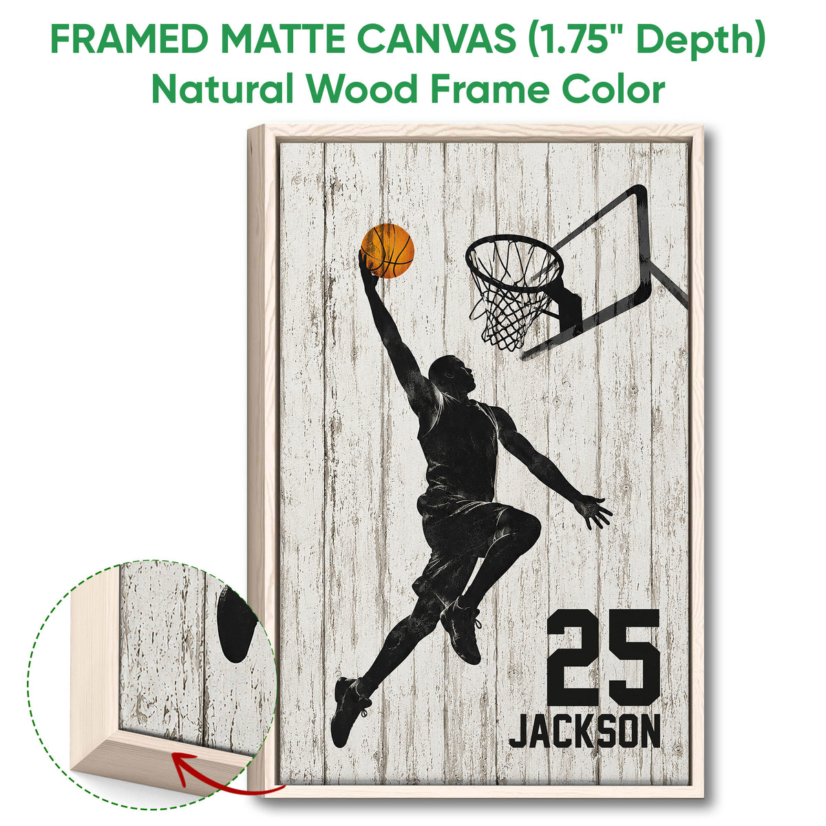 Natural wood framed basketball canvas wall art with a jumping player and detailed wood frame close-up