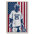 Framed lacrosse player wall art with patriotic red, white and blue flag design